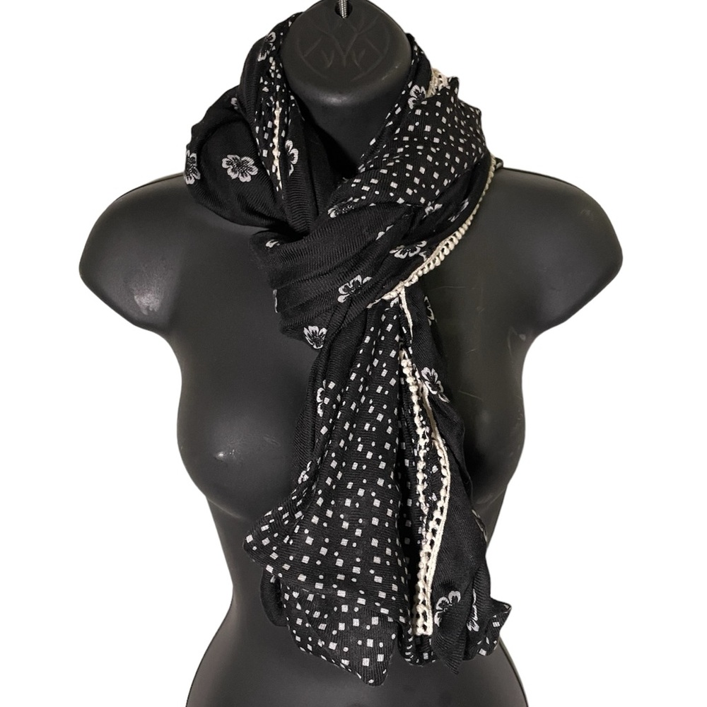 Large Infinity scarf wrap lightweight black and white floral modest trimmed